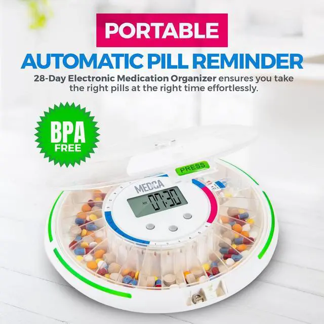 Alt view image 2 of 7 - Automatic Pill Dispenser with 28-Day Electronic Medication Organizer - Lockable Key Pill Container with LCD Display, Light and Sound Reminder Alarm for Scheduled Medication for Seniors and Elderly