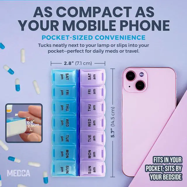 Alt view image 4 of 7 - MEDca Pill Organizers - Small Pill Organizer with Weekly and Daily 2-Times-A-Day Compartments for AM/PM - BPA-Free, Portable and Travel Friendly Pill Boxes Case