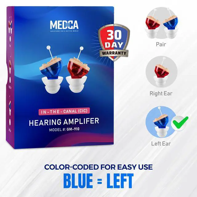 Alt view image 6 of 7 - Premium Digital Hearing Amplifier - Invisible in Canal (CIC) in-Ear Mini Sound Enhancer, Near-Invisible, Noise Cancelling, Personal Sound Hearing Amplifier - Left Ear, Blue - MZ-45
