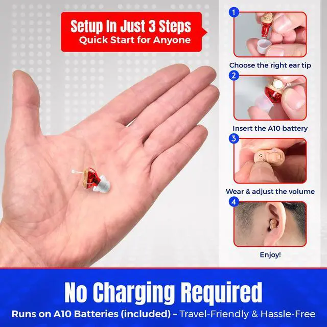 Alt view image 7 of 7 - Premium Digital Hearing Amplifier - Invisible in Canal (CIC) in-Ear Mini Sound Enhancer, Near-Invisible, Noise Cancelling, Personal Sound Hearing Amplifier - Right Ear, Red - MZ-38