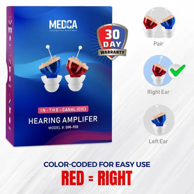 Alt view image 6 of 7 - Premium Digital Hearing Amplifier - Invisible in Canal (CIC) in-Ear Mini Sound Enhancer, Near-Invisible, Noise Cancelling, Personal Sound Hearing Amplifier - Right Ear, Red - MZ-38
