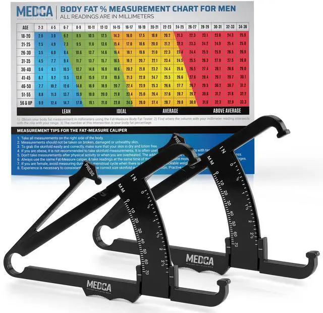 Main image of Skinfold Body Fat Caliper - Skin Fold Body Fat Analyzer and Handheld BMI Measurement Tool Skinfold Caliper Device Measures Body Fat for Men and Women by MEDca - (Pack of 2, Black)