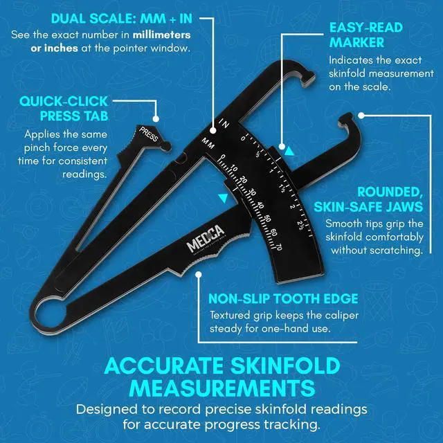 Alt view image 3 of 7 - Skinfold Body Fat Caliper - Skin Fold Body Fat Analyzer and Handheld BMI Measurement Tool Skinfold Caliper Device Measures Body Fat for Men and Women by MEDca - (Pack of 2, Black)