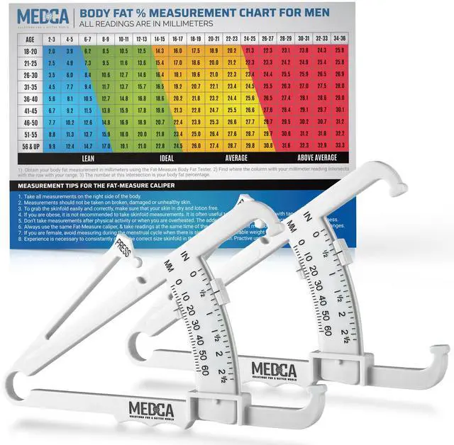 Main image of Skinfold Body Fat Caliper - Skin Fold Body Fat Analyzer and Handheld BMI Measurement Tool Skinfold Caliper Device Measures Body Fat for Men and Women by MEDca - (Pack of 2, White)
