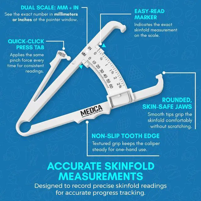Alt view image 3 of 7 - Skinfold Body Fat Caliper - Skin Fold Body Fat Analyzer and Handheld BMI Measurement Tool Skinfold Caliper Device Measures Body Fat for Men and Women by MEDca - (Pack of 2, White)