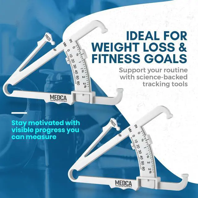 Alt view image 4 of 7 - Skinfold Body Fat Caliper - Skin Fold Body Fat Analyzer and Handheld BMI Measurement Tool Skinfold Caliper Device Measures Body Fat for Men and Women by MEDca - (Pack of 2, White)
