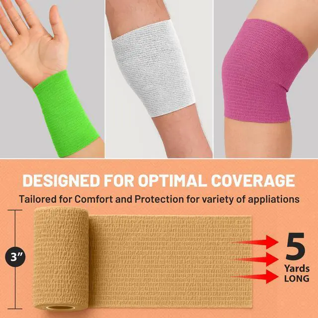Alt view image 2 of 7 - Self Adherent Wrap - Bulk Pack of 6, Athletic Tape Rolls and Sports Wraps, Self Cohesive Non-Woven Bandage (3 In x 5 Yards) FDA Approved for Ankle Sprains & Swelling