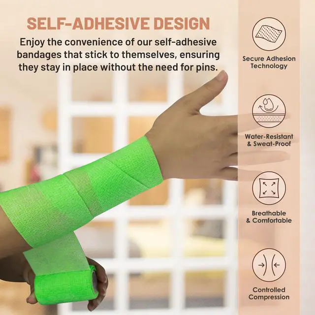 Alt view image 4 of 7 - Self Adherent Wrap - Bulk Pack of 6, Athletic Tape Rolls and Sports Wraps, Self Cohesive Non-Woven Bandage (3 In x 5 Yards) FDA Approved for Ankle Sprains & Swelling