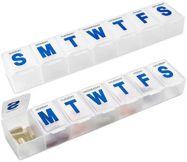 Main image of Weekly Pill Organizer - (Pack of 2) Extra Large Vitamin Container with Jumbo Easy to Read Letters, BPA Free - Daily Travel 7 Day Medication Pill Box Case