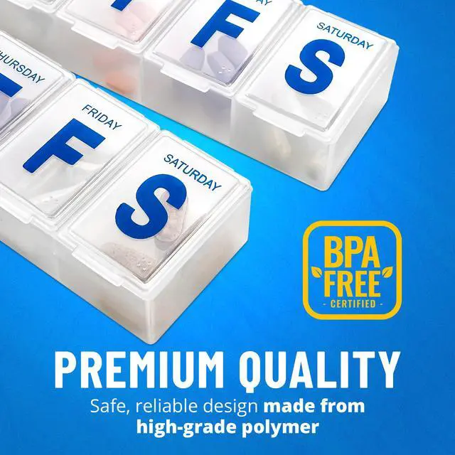 Alt view image 5 of 7 - Weekly Pill Organizer - (Pack of 2) Extra Large Vitamin Container with Jumbo Easy to Read Letters, BPA Free - Daily Travel 7 Day Medication Pill Box Case
