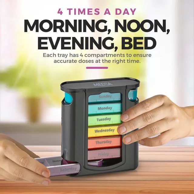 Alt view image 2 of 7 - Weekly Pill Organizer, 1 Dispenser, 7 Stackable Compartments Four Times-a-Day - Morning, Noon, Evening, and Bedtime, Black