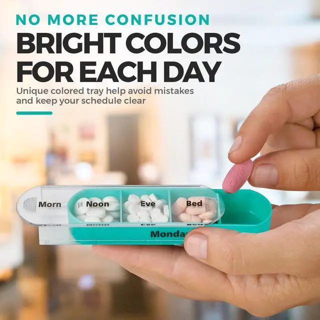 Alt view image 3 of 7 - Weekly Pill Organizer, 1 Dispenser, 7 Stackable Compartments Four Times-a-Day - Morning, Noon, Evening, and Bedtime, Black