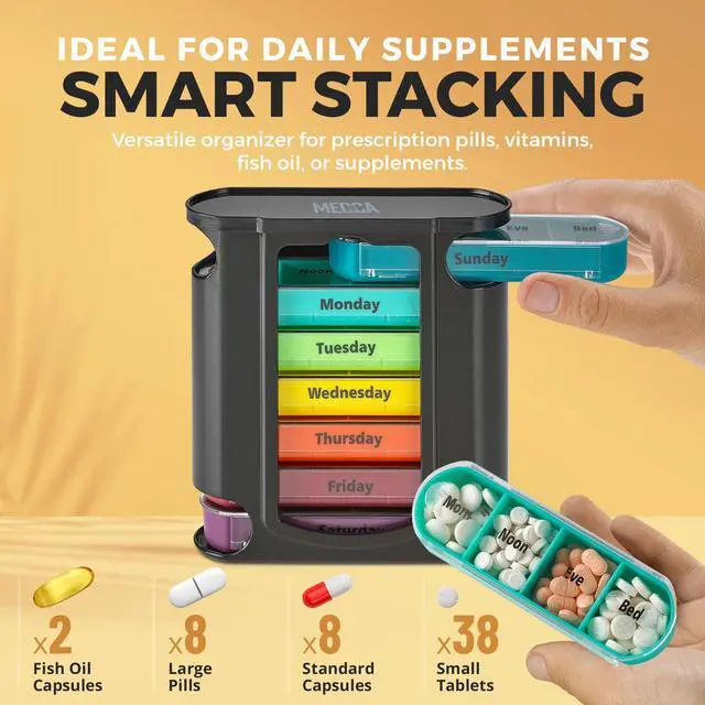 Alt view image 4 of 7 - Weekly Pill Organizer, 1 Dispenser, 7 Stackable Compartments Four Times-a-Day - Morning, Noon, Evening, and Bedtime, Black
