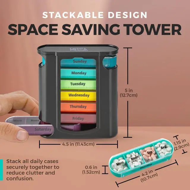 Alt view image 6 of 7 - Weekly Pill Organizer, 1 Dispenser, 7 Stackable Compartments Four Times-a-Day - Morning, Noon, Evening, and Bedtime, Black