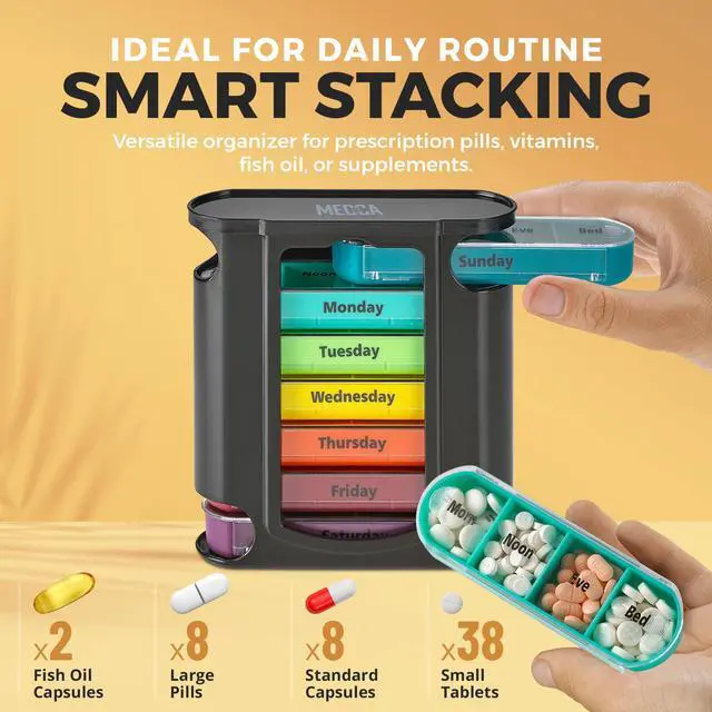 Alt view image 7 of 7 - Weekly Pill Organizer, 1 Dispenser, 7 Stackable Compartments Four Times-a-Day - Morning, Noon, Evening, and Bedtime, Black