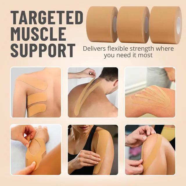 Alt view image 5 of 14 - Kinesiology Tape Rolls - Pack of 3 (2 Inch x 16 Ft / 5cm x 5m) - Latex-Free, Breathable Cotton - Strong Adhesive for Muscle & Joint Support - Water-Resistant & Sweatproof for Sports & Recovery, Beige