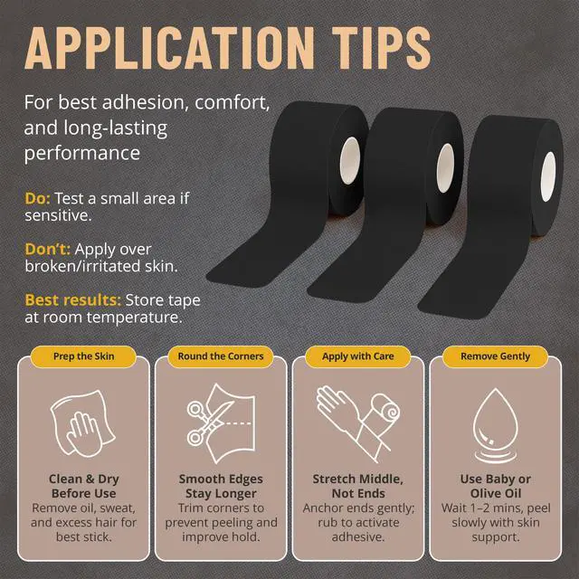 Alt view image 4 of 14 - Kinesiology Tape Rolls - Pack of 3 (2 Inch x 16 Ft / 5cm x 5m) - Latex-Free, Breathable Cotton - Strong Adhesive for Muscle & Joint Support - Water-Resistant & Sweatproof for Sports & Recovery, Black