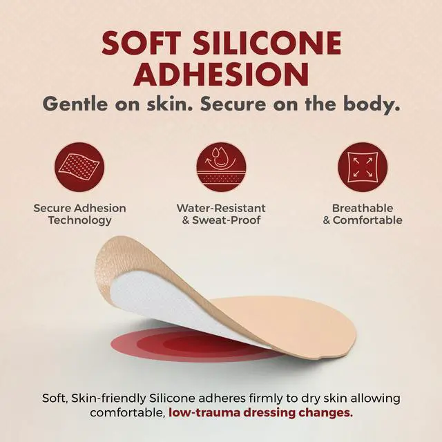 Alt view image 2 of 14 - MEDca Silicone Sacrum Foam Dressing w/Adhesive Border 7"x7" Bandage (Pack of 5) - Waterproof Silicone Bandages for Wounds, Highly-Absorbent Wound Dressing for Bed Sore Sacral Foam
