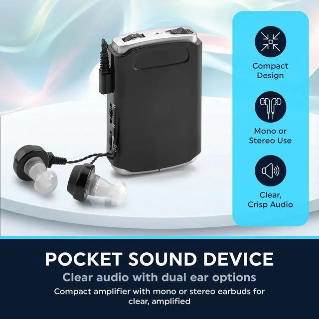 Alt view image 2 of 7 - Sound Amplifier - Pocket Sound Voice Enhancer Device with Duo Mic/Ear Plus Extra Headphone and Microphone Set, Personal Hearing Amplifier Device by MEDca