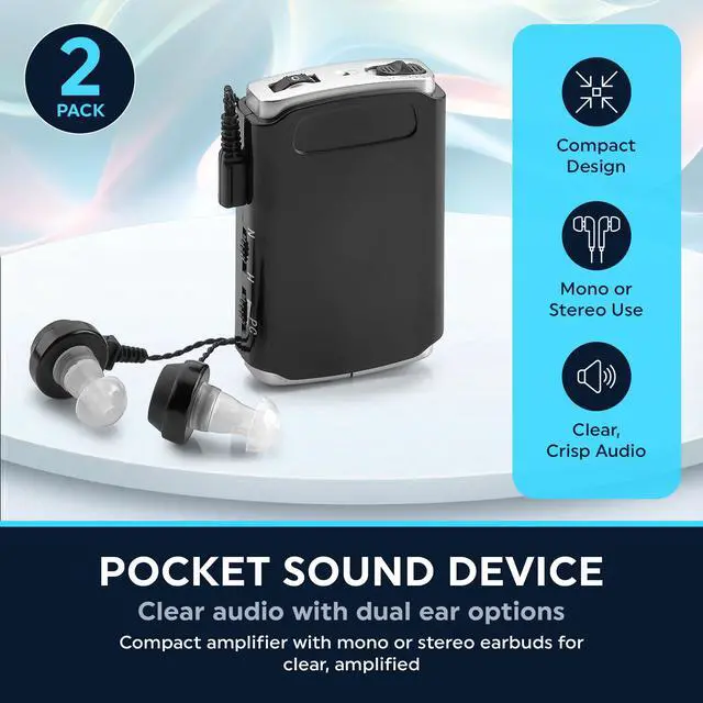 Alt view image 2 of 7 - Rechargeable Personal Sound Amplifier - Pack of 2, Lightweight Compact Pocket Sounds Voice Enhancer Audio Hearing Device w/Background Noise Reduction Digital Hearing for Adults and Seniors