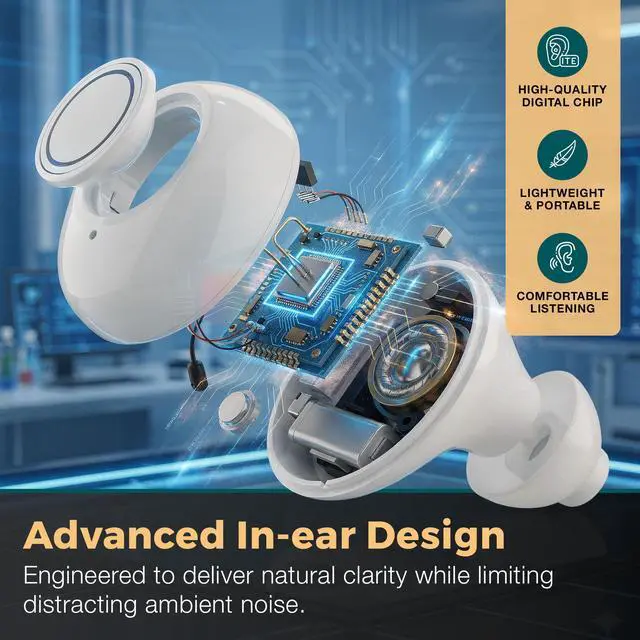 Alt view image 7 of 7 - Digital Hearing Amplifier - Next Generation in The Ear Personal Sound Device w/Noise Reduction - Rechargeable ITE 2 Piece Set, Portable Charging Case Sound Assist for Adults and Seniors, White