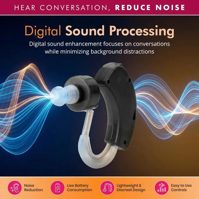 Alt view image 2 of 7 - Digital Hearing Amplifiers - Set of 2 Small BTE Sound Amplifiers, a Behind The Ear Personal Amplification Device and Sound Enhancer Aids with Noise Reducing Feature for Adults, Seniors & Women, Black
