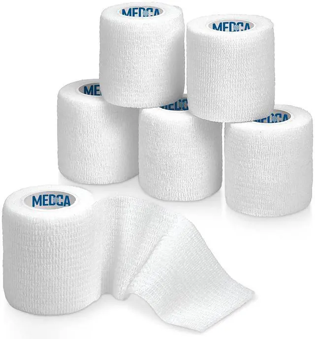 Main image of 6 Pack, Self Adherent Cohesive Tape - 2 x 5 Yards, Self Adhesive Bandage Rolls & Sports Athletic Wrap for Ankle, Wrist, Knee Sprains and Swelling, Vet Wraps in White Color