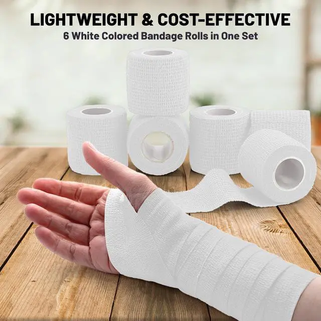 Alt view image 3 of 7 - 6 Pack, Self Adherent Cohesive Tape - 2 x 5 Yards, Self Adhesive Bandage Rolls & Sports Athletic Wrap for Ankle, Wrist, Knee Sprains and Swelling, Vet Wraps in White Color