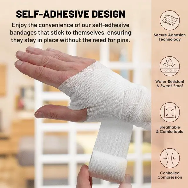 Alt view image 4 of 7 - 6 Pack, Self Adherent Cohesive Tape - 2 x 5 Yards, Self Adhesive Bandage Rolls & Sports Athletic Wrap for Ankle, Wrist, Knee Sprains and Swelling, Vet Wraps in White Color