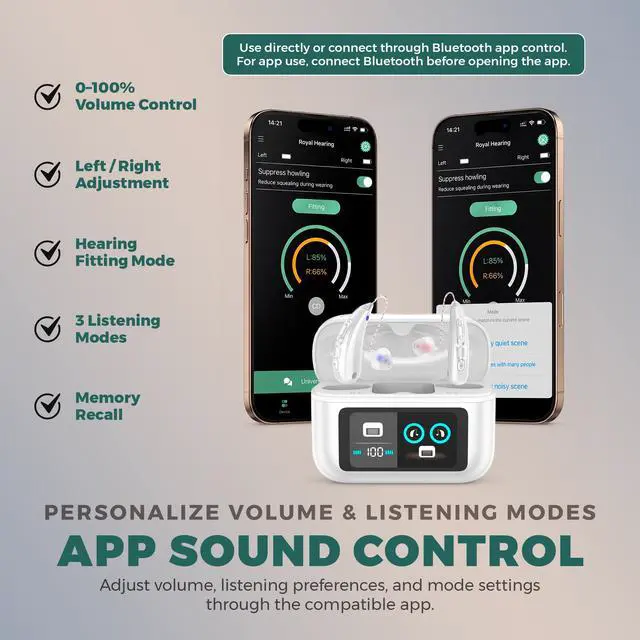 Alt view image 3 of 7 - MEDca Bluetooth Hearing Amplifier for Adults - Rechargeable Personal Sound Amplifier with Smart App, Noise Reduction, LED Charging Case, 5 Volume Levels, Type-C Charging, Wireless Calls & Music