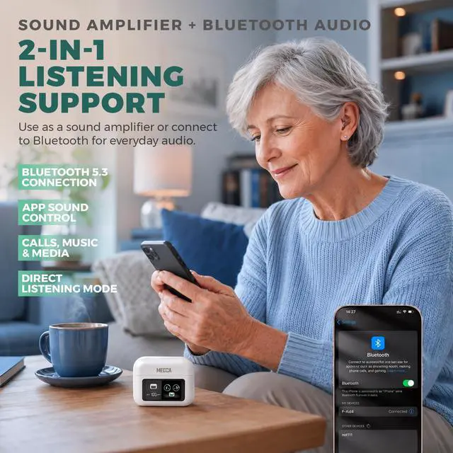Alt view image 6 of 7 - MEDca Bluetooth Hearing Amplifier for Adults - Rechargeable Personal Sound Amplifier with Smart App, Noise Reduction, LED Charging Case, 5 Volume Levels, Type-C Charging, Wireless Calls & Music