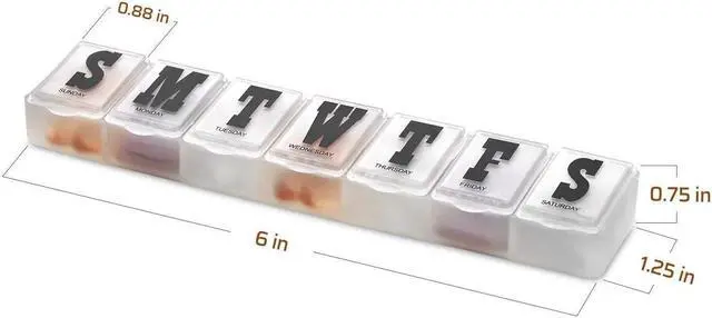Alt view image 2 of 6 - Pill Organizers - Pack of 4 Bold Letter Weekly Pill Planners for 28 Days Total to Separate Supplements, Fish Oils & Vitamins Daily Medication Reminder for Travel & Purse