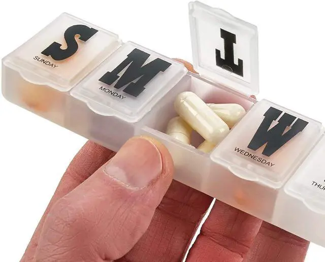Alt view image 4 of 6 - Pill Organizers - Pack of 4 Bold Letter Weekly Pill Planners for 28 Days Total to Separate Supplements, Fish Oils & Vitamins Daily Medication Reminder for Travel & Purse