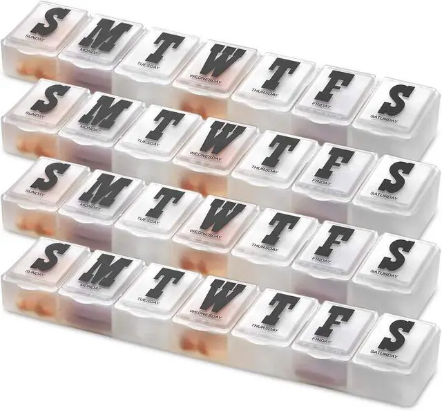 Main image of Pill Organizers - Pack of 4 Bold Letter Weekly Pill Planners for 28 Days Total to Separate Supplements, Fish Oils & Vitamins Daily Medication Reminder for Travel & Purse