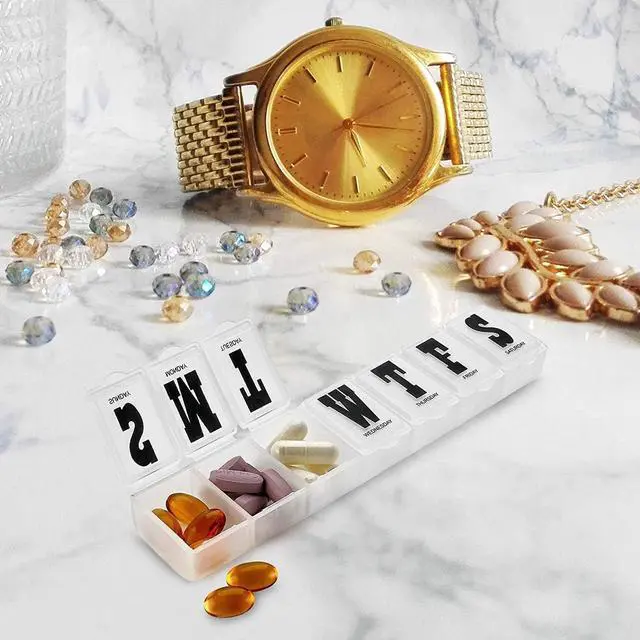 Alt view image 6 of 6 - Pill Organizers - Pack of 4 Bold Letter Weekly Pill Planners for 28 Days Total to Separate Supplements, Fish Oils & Vitamins Daily Medication Reminder for Travel & Purse