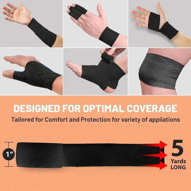 Alt view image 6 of 7 - MEDca Self-Adherent Cohesive Bandage Wrap, 12 Rolls Black, 1 in x 5 Yards Self-Stick Athletic Tape for Sports, First Aid, Wrist, Finger & Medical Support