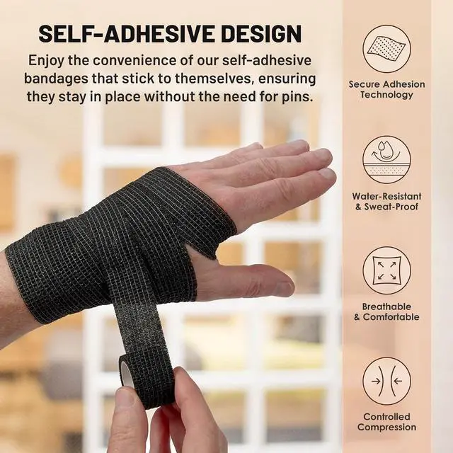 Alt view image 4 of 7 - MEDca Self-Adherent Cohesive Bandage Wrap, 12 Rolls Black, 1 in x 5 Yards Self-Stick Athletic Tape for Sports, First Aid, Wrist, Finger & Medical Support