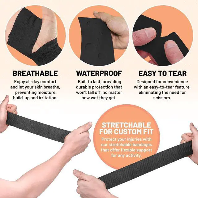 Alt view image 3 of 7 - MEDca Self-Adherent Cohesive Bandage Wrap, 12 Rolls Black, 1 in x 5 Yards Self-Stick Athletic Tape for Sports, First Aid, Wrist, Finger & Medical Support