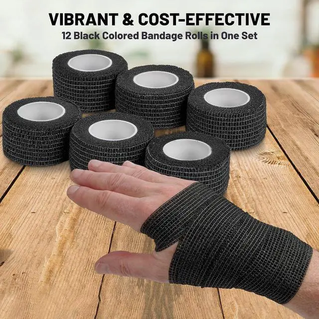 Alt view image 5 of 7 - MEDca Self-Adherent Cohesive Bandage Wrap, 12 Rolls Black, 1 in x 5 Yards Self-Stick Athletic Tape for Sports, First Aid, Wrist, Finger & Medical Support