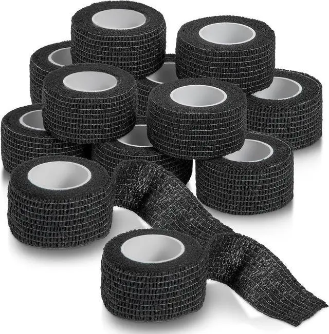 Main image of MEDca Self-Adherent Cohesive Bandage Wrap, 12 Rolls Black, 1 in x 5 Yards Self-Stick Athletic Tape for Sports, First Aid, Wrist, Finger & Medical Support