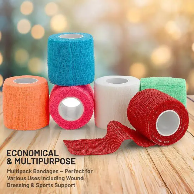 Alt view image 7 of 7 - 6 Pack, Self Adherent Cohesive Tape - 2" x 5 Yards, Self Adhesive Bandage Rolls & Sports Athletic Wrap for Ankle, Wrist, Knee Sprains and Swelling, Vet Wraps in Assorted Neon Colors - FDA Approved