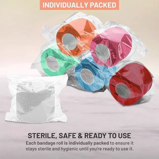 Alt view image 6 of 7 - 6 Pack, Self Adherent Cohesive Tape - 2" x 5 Yards, Self Adhesive Bandage Rolls & Sports Athletic Wrap for Ankle, Wrist, Knee Sprains and Swelling, Vet Wraps in Assorted Neon Colors - FDA Approved
