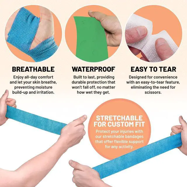 Alt view image 4 of 7 - 6 Pack, Self Adherent Cohesive Tape - 2" x 5 Yards, Self Adhesive Bandage Rolls & Sports Athletic Wrap for Ankle, Wrist, Knee Sprains and Swelling, Vet Wraps in Assorted Neon Colors - FDA Approved