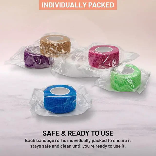 Alt view image 6 of 7 - Self Adherent Cohesive Wrap Bandages - (Pack of 12 Rolls) 1 Inch X 5 Yards with Strong Elastic and Colourful First Aid Tape for Sprain Swelling and Soreness on Wrist and Ankle (Rainbow Color)