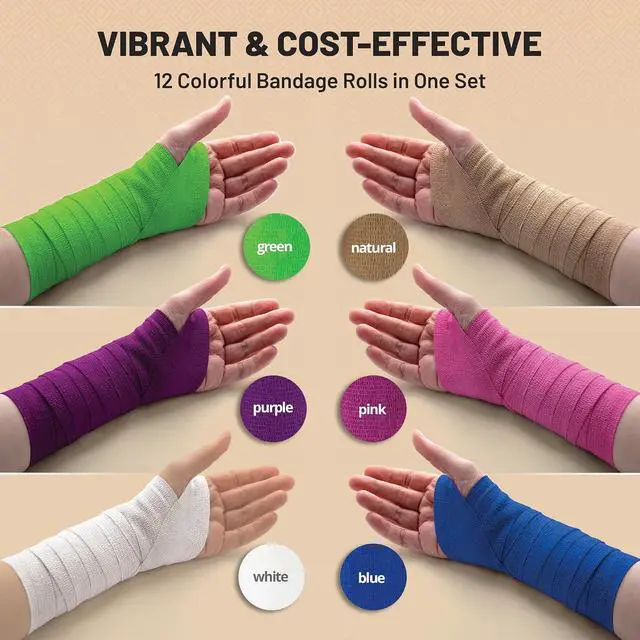 Alt view image 5 of 7 - MEDca Self Adherent Cohesive Wrap Bandages 2 Inches X 5 Yards 12 Count with Strong Elastic and Colorful First Aid Tape for Sprain Swelling and Sorenes (Rainbow Color)