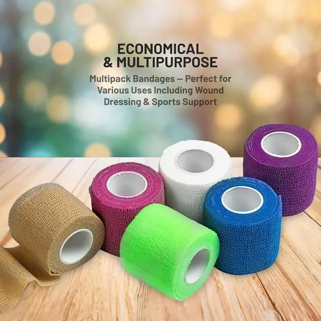 Alt view image 6 of 7 - MEDca Self Adherent Cohesive Wrap Bandages 2 Inches X 5 Yards 12 Count with Strong Elastic and Colorful First Aid Tape for Sprain Swelling and Sorenes (Rainbow Color)