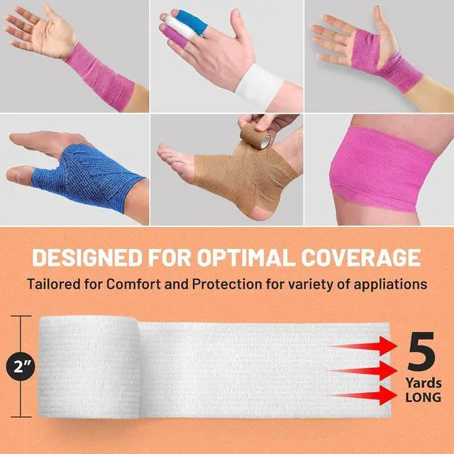 Alt view image 2 of 7 - MEDca Self Adherent Cohesive Wrap Bandages 2 Inches X 5 Yards 12 Count with Strong Elastic and Colorful First Aid Tape for Sprain Swelling and Sorenes (Rainbow Color)