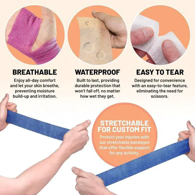 Alt view image 3 of 7 - MEDca Self Adherent Cohesive Wrap Bandages 2 Inches X 5 Yards 12 Count with Strong Elastic and Colorful First Aid Tape for Sprain Swelling and Sorenes (Rainbow Color)