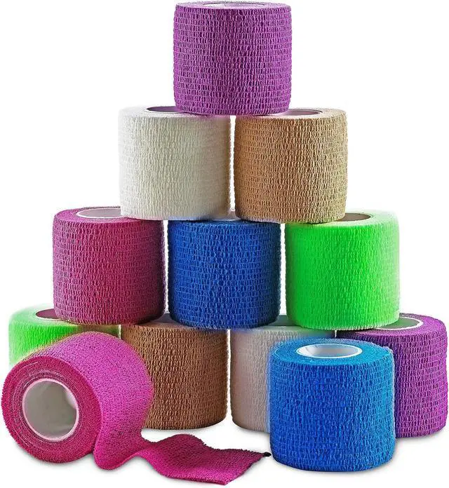 Main image of MEDca Self Adherent Cohesive Wrap Bandages 2 Inches X 5 Yards 12 Count with Strong Elastic and Colorful First Aid Tape for Sprain Swelling and Sorenes (Rainbow Color)