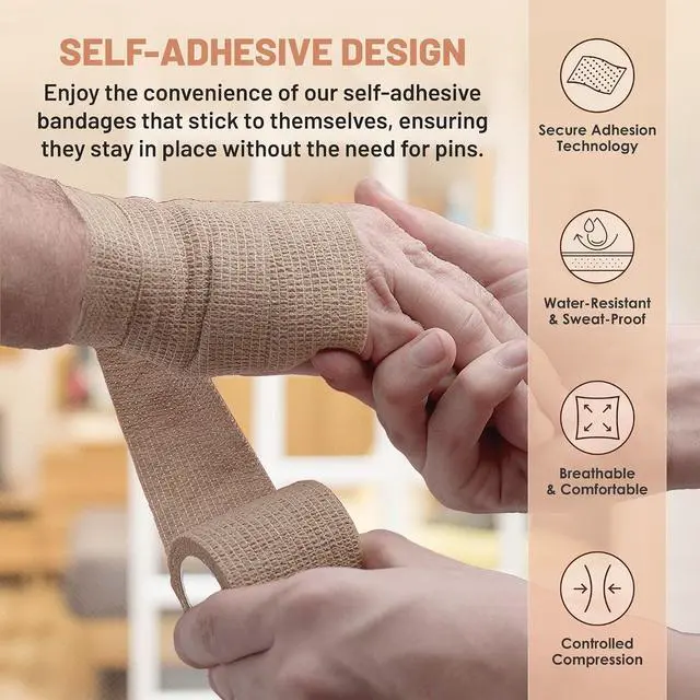 Alt view image 3 of 7 - MEDca Self Adherent Cohesive Wrap Bandages 2 Inches X 5 Yards 12 Count with Strong Elastic First Aid Tape for Sprain Swelling and Soreness on Wrist and Ankle (Skin Color)